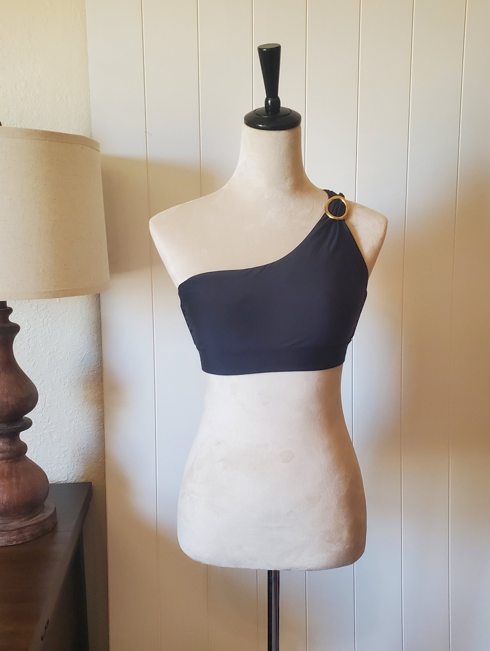 One-Shoulder Black Bikini Top with Gold Accent